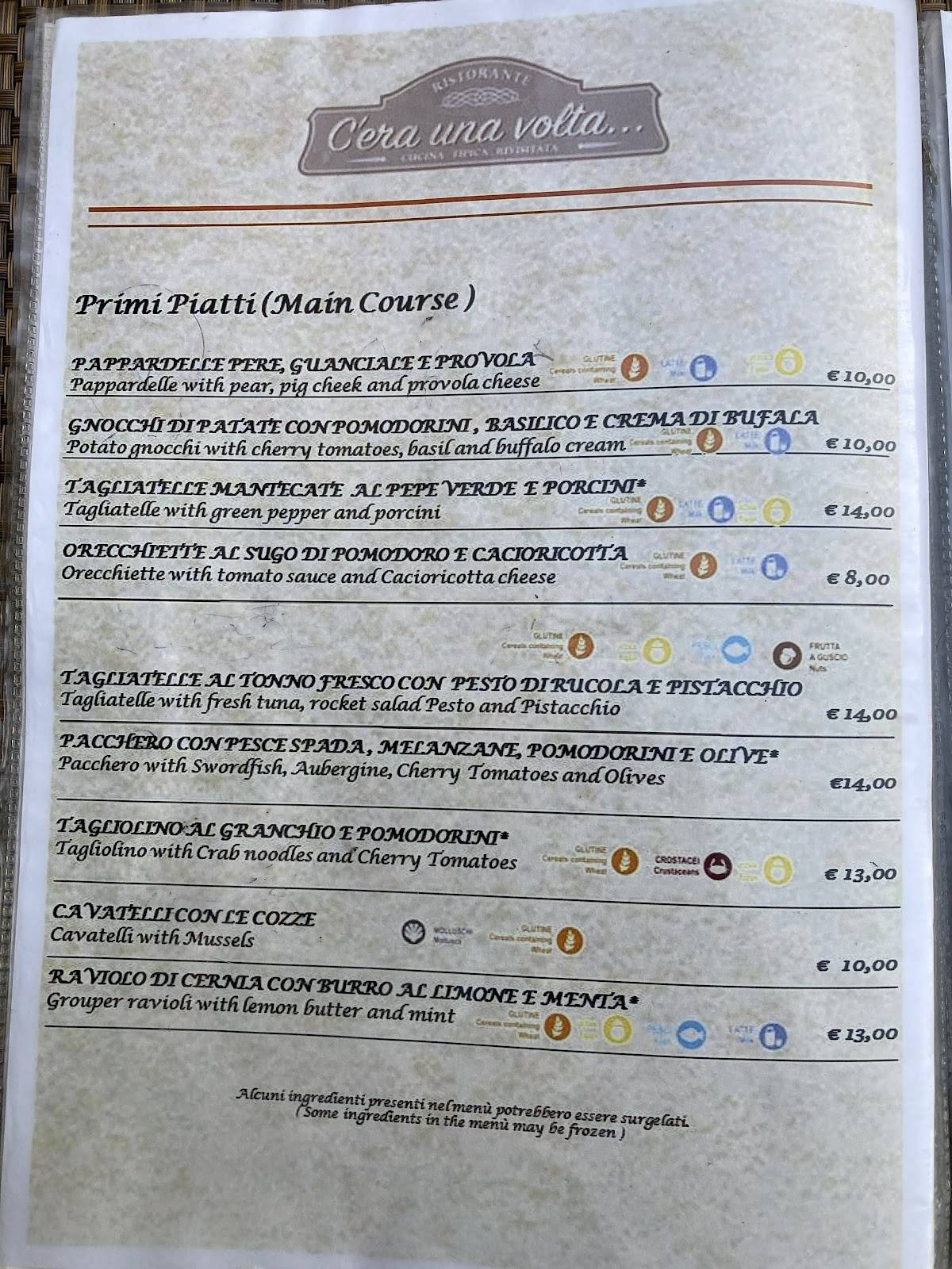 Menu di C'era una volta 