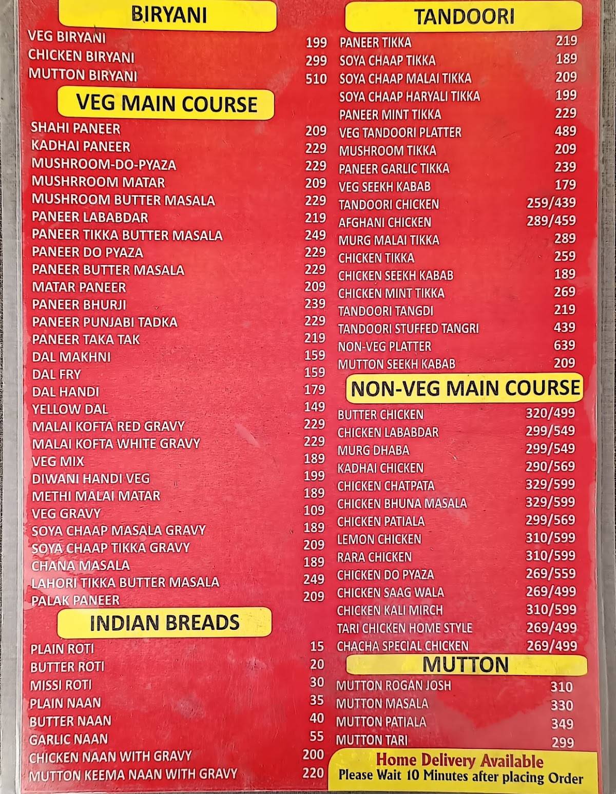 Chacha kitchen menu