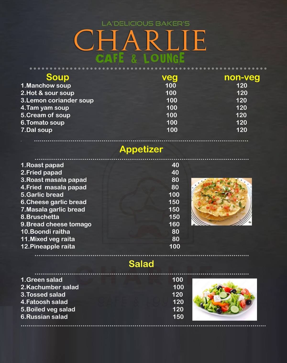 Charlie Cafe & Lounge menu