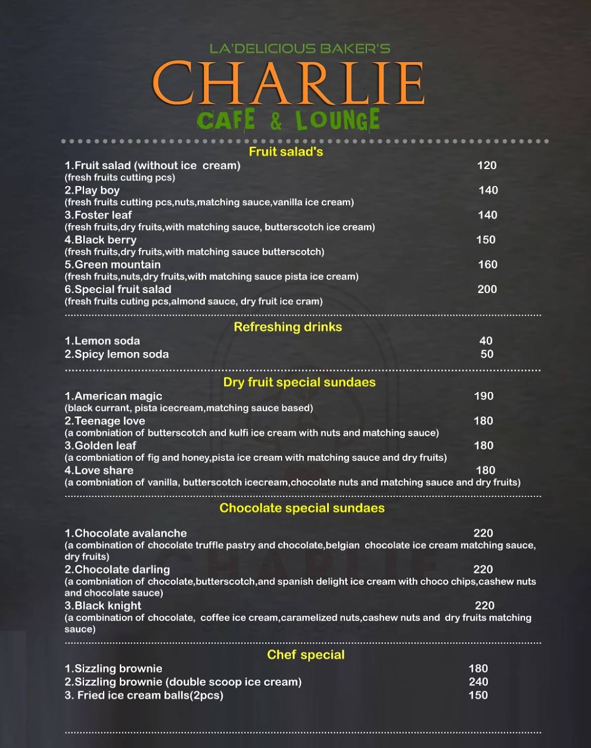 Charlie Cafe & Lounge menu