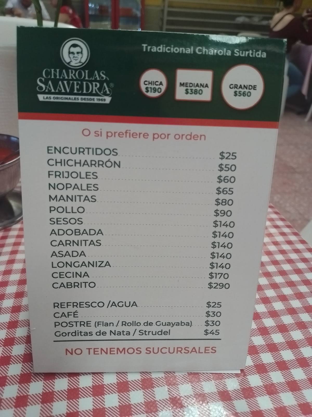 Carta del restaurante Charolas Saavedra (ORIGINALES), Santiago del