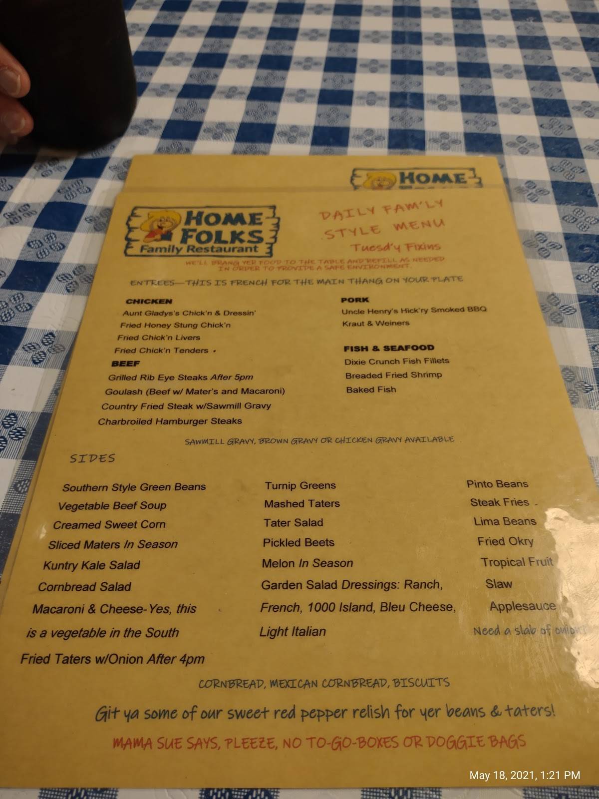 Menu at Home Folks Family Restaurant, SoddyDaisy