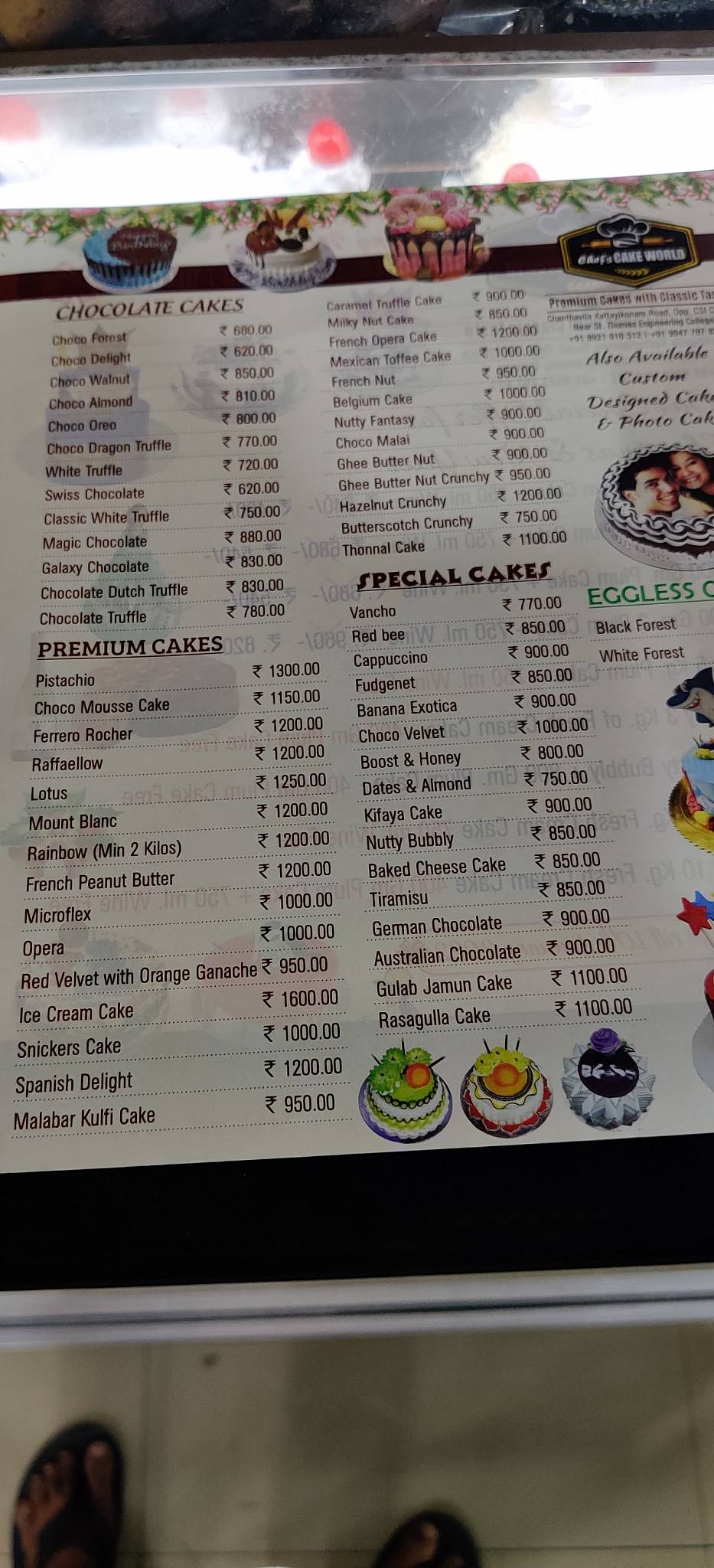 Chef's Cake World menu