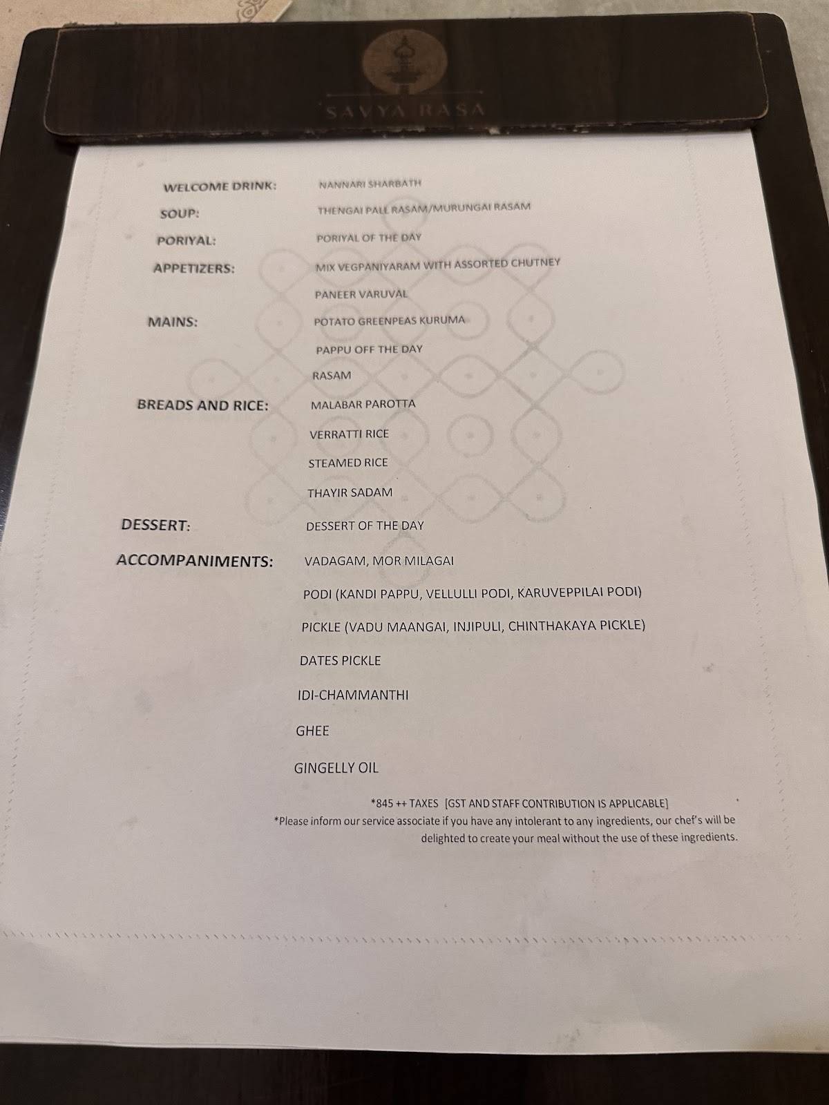 Savya Rasa menu