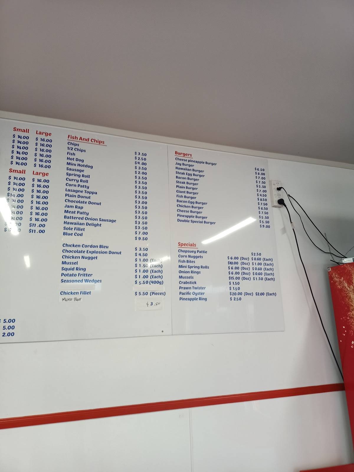 Menu at Chen's Wok cafe, Oamaru