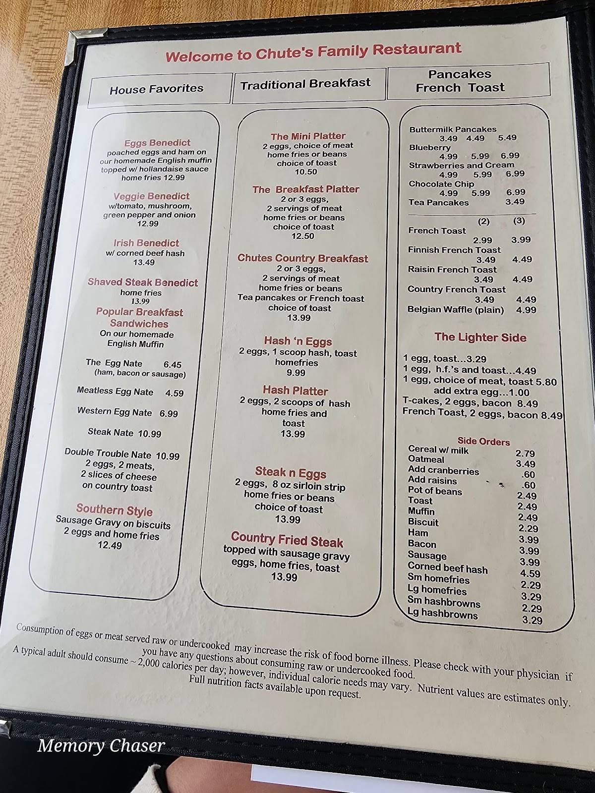 Menu at Chute's Family Restaurant, Windham