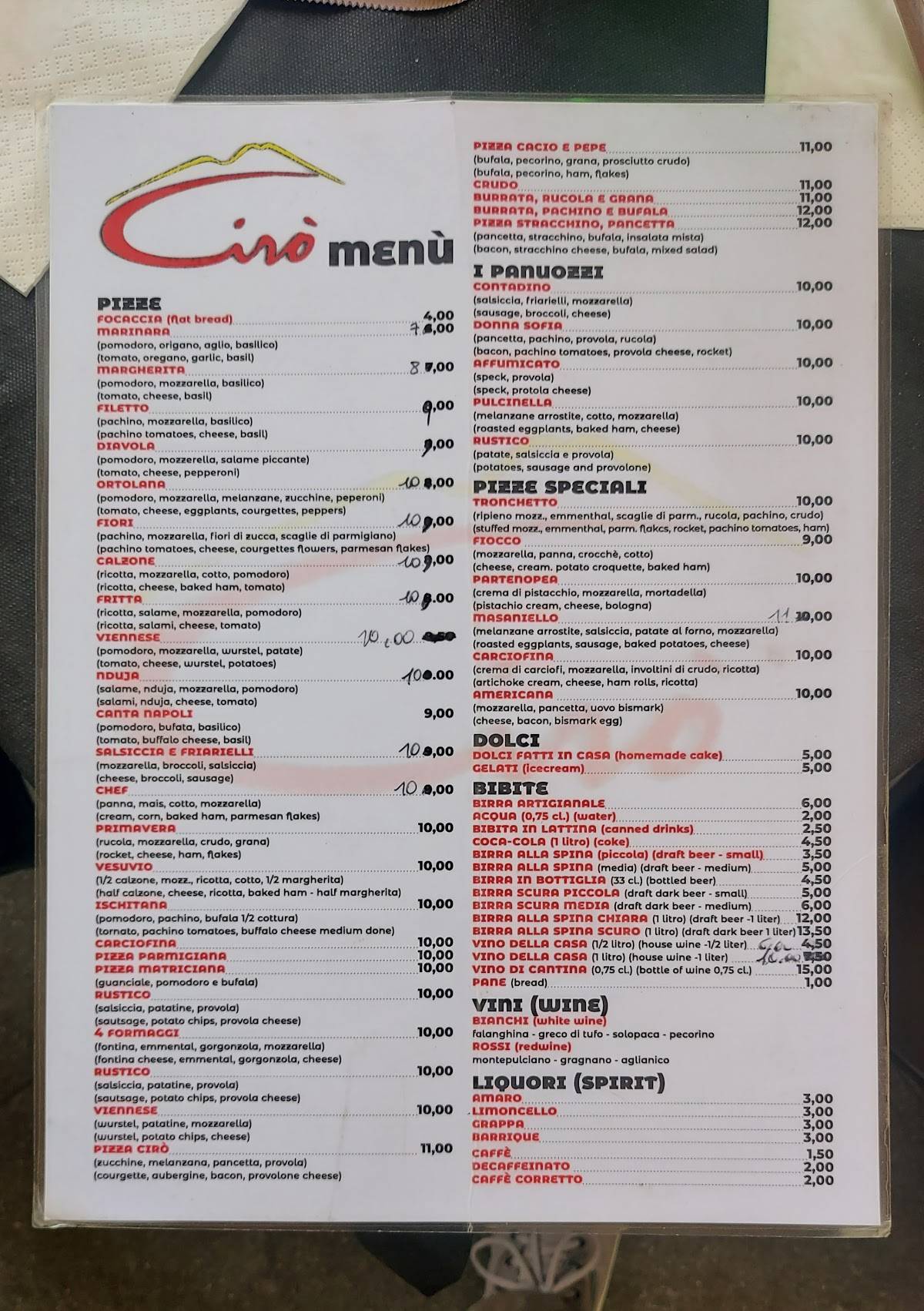 Menu di Cirò Roma 