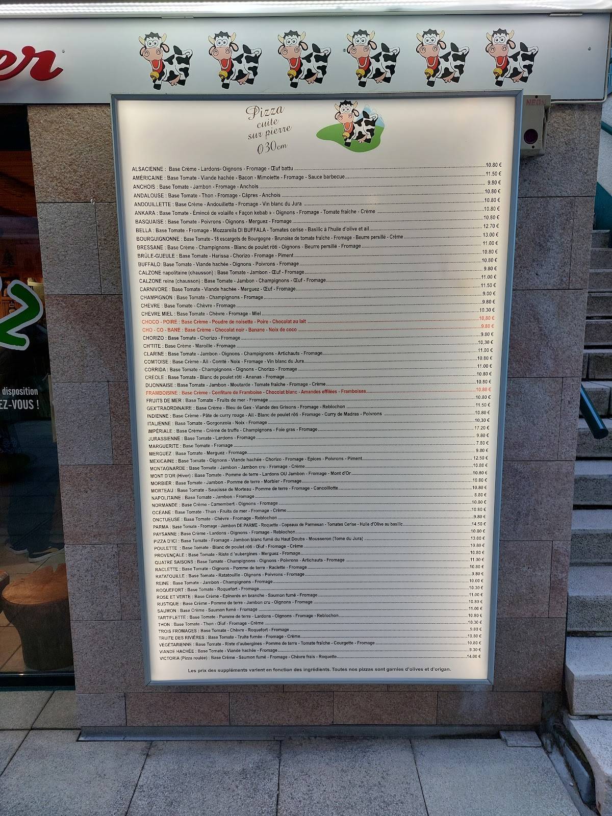 Menu de Clarin'Pizz