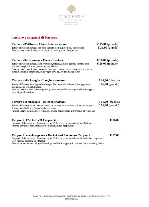 Menu di Clemente alla Maddalena 