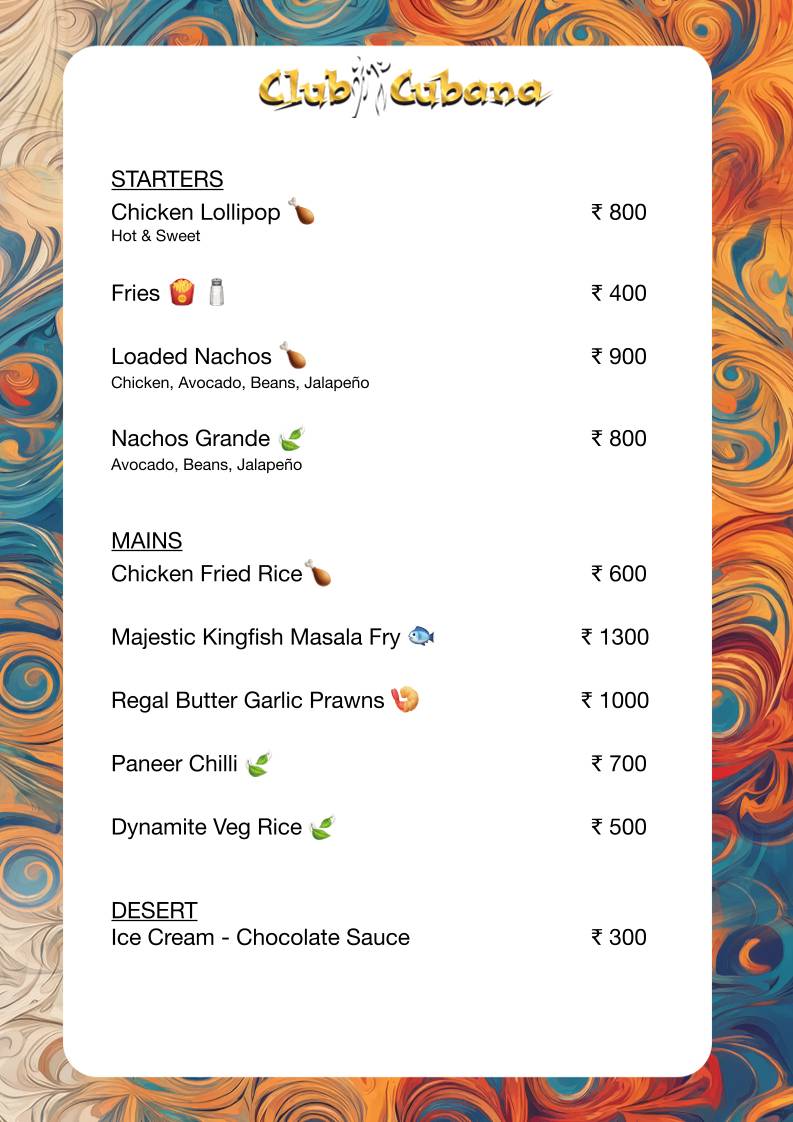Club Cubana, Arpora, Goa menu