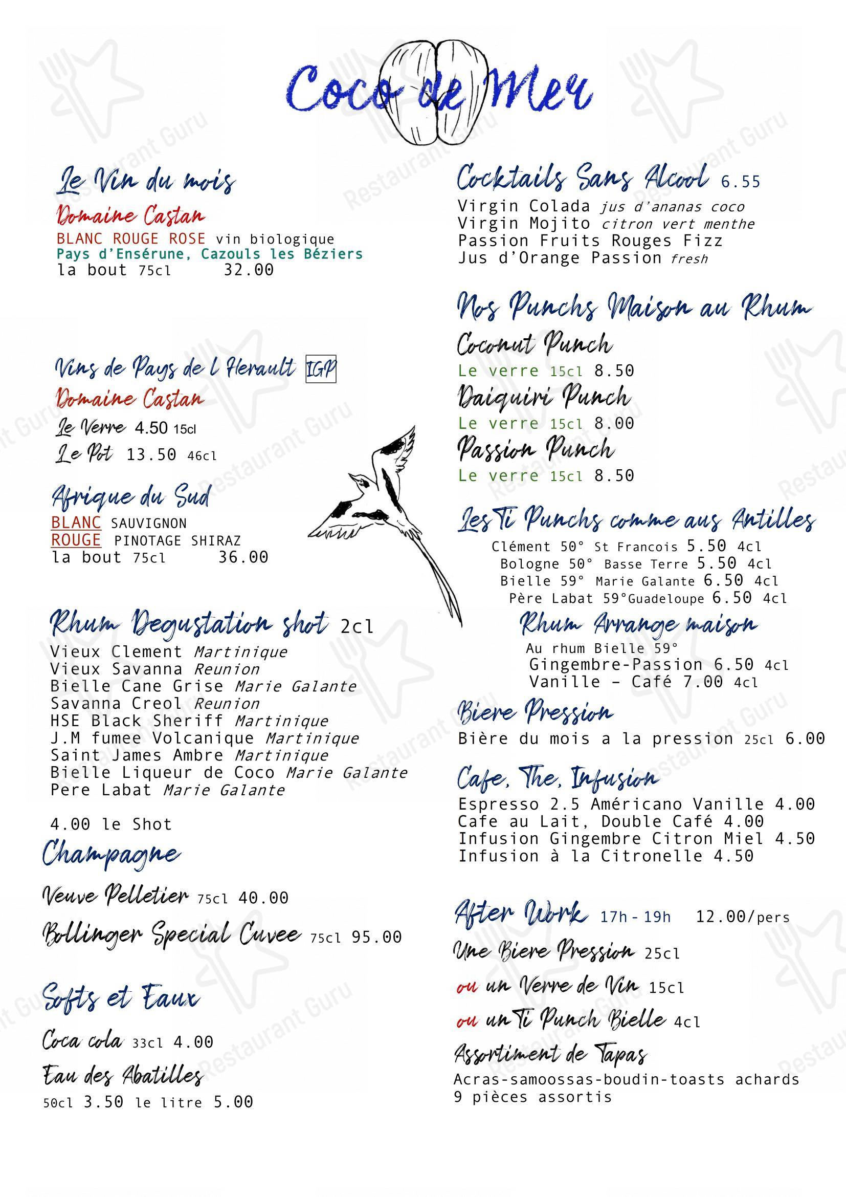Menu pour Coco de Mer restaurant
