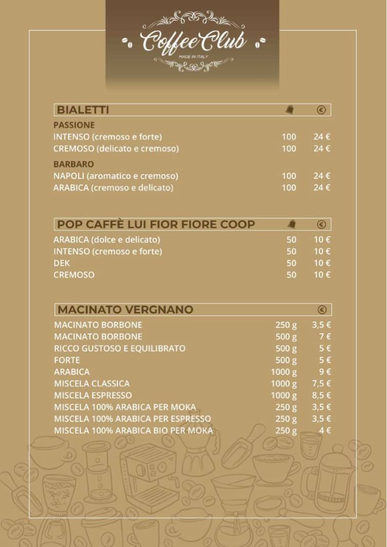 Menu di Coffee Club Capsule e Cialde 