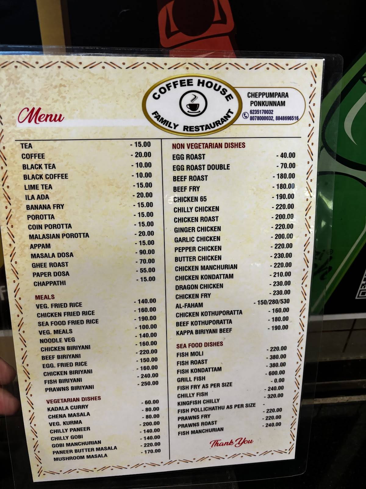 Coffee house family restaurants menu
