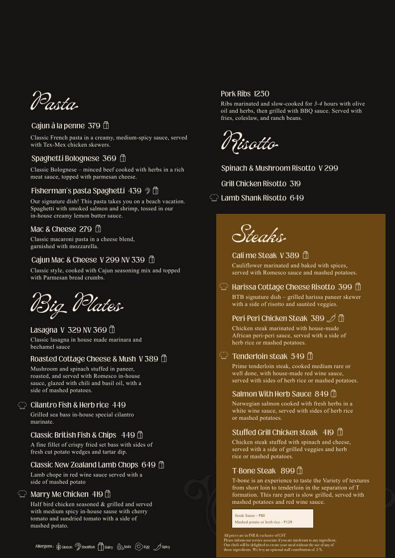 Britain To Bombay 1800 menu