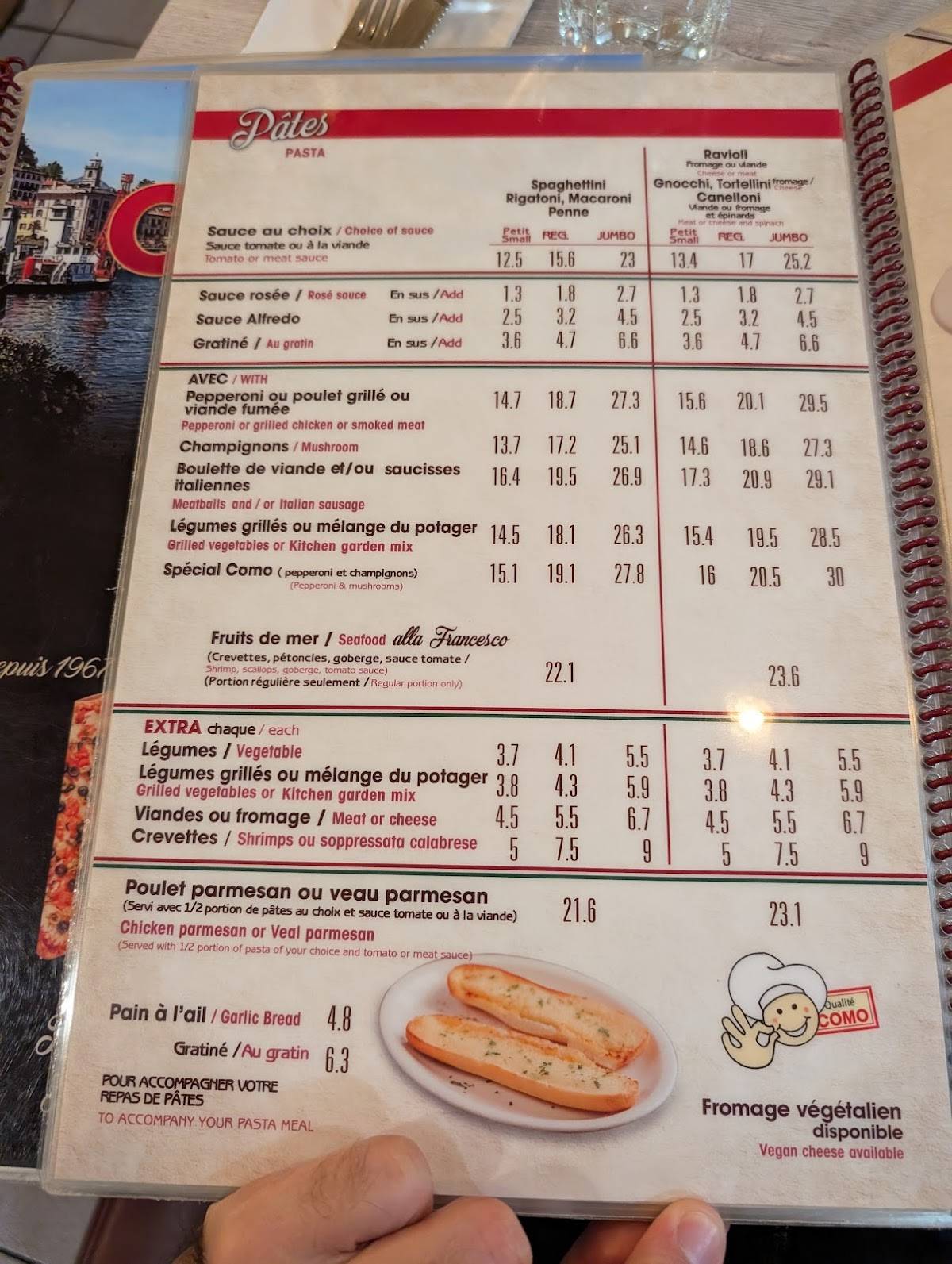 Menu de Como Pizzeria