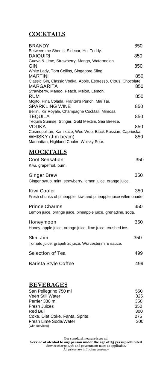 Connexions - Crowne Plaza menu