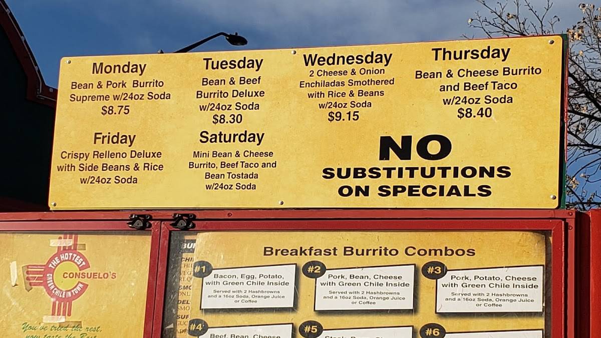 Menu at Consuelo's Express restaurant, Fort Collins