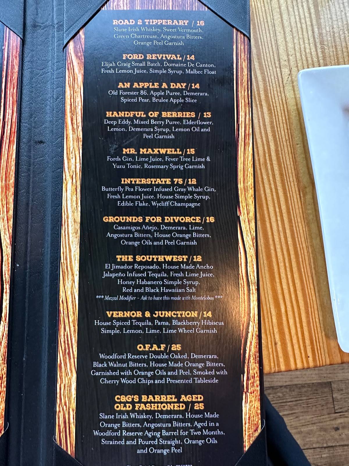 Menu at Cork & Gabel restaurant, Detroit