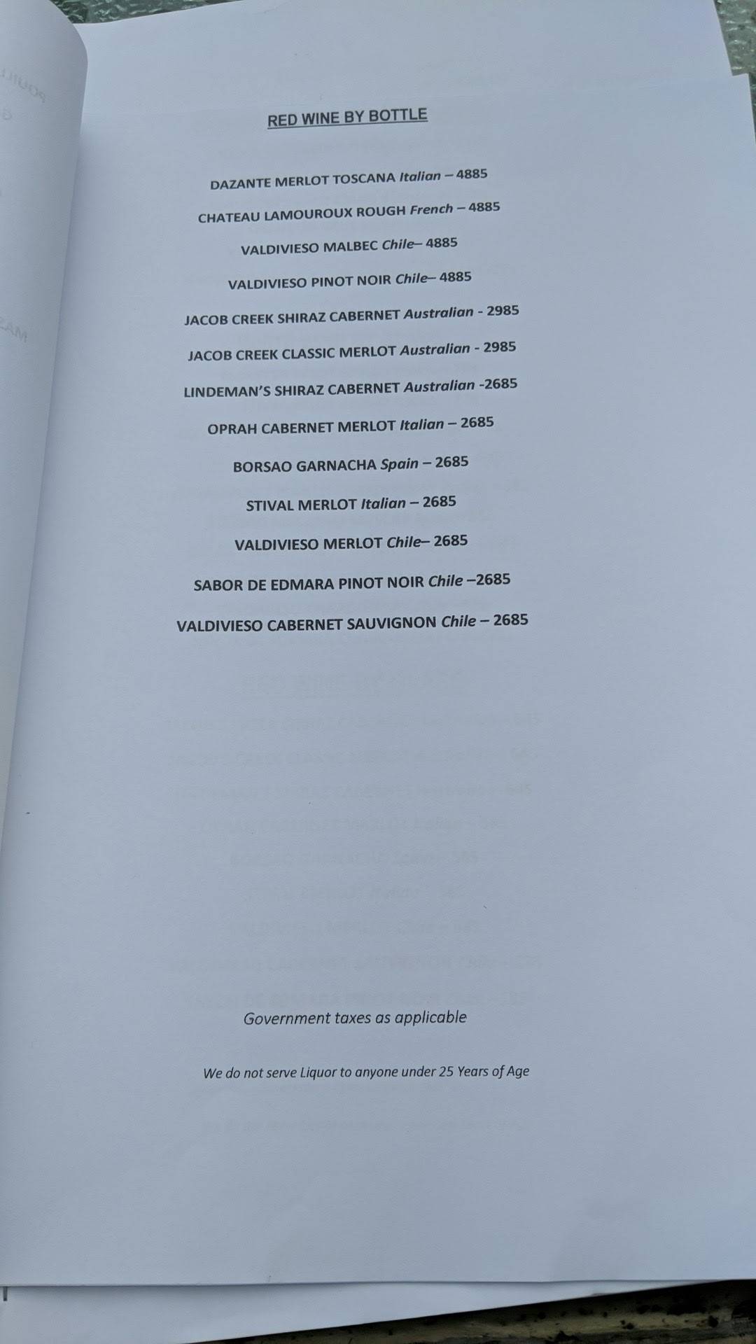 Cottage menu