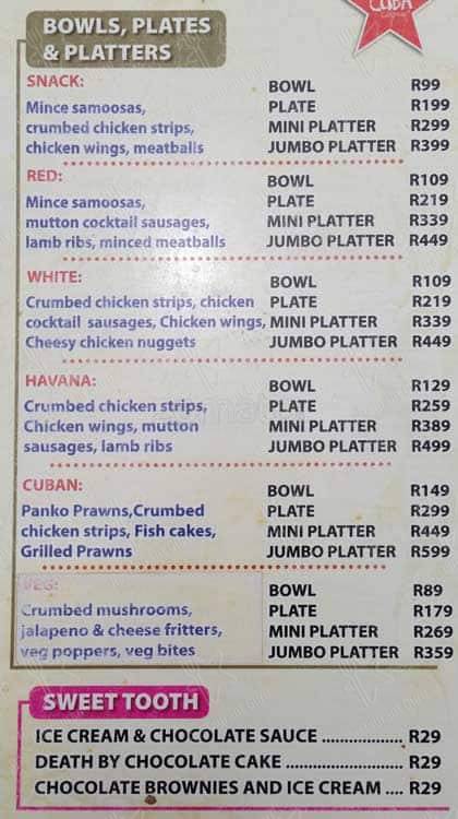 Menu at Cuba Lounge pub & bar, Umhlanga, Shop 83