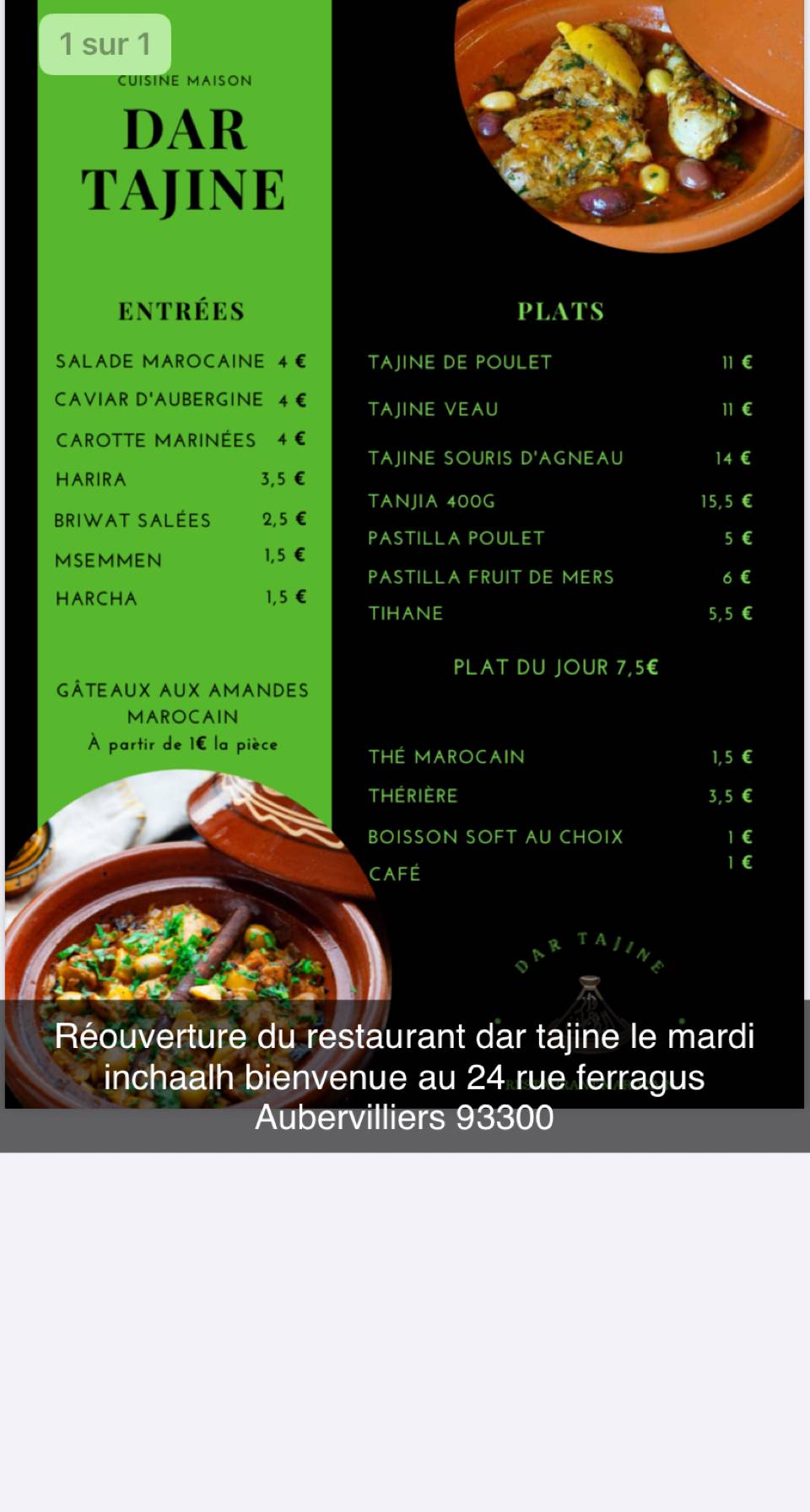 Menu at DAR TAJINE restaurant, Aubervilliers