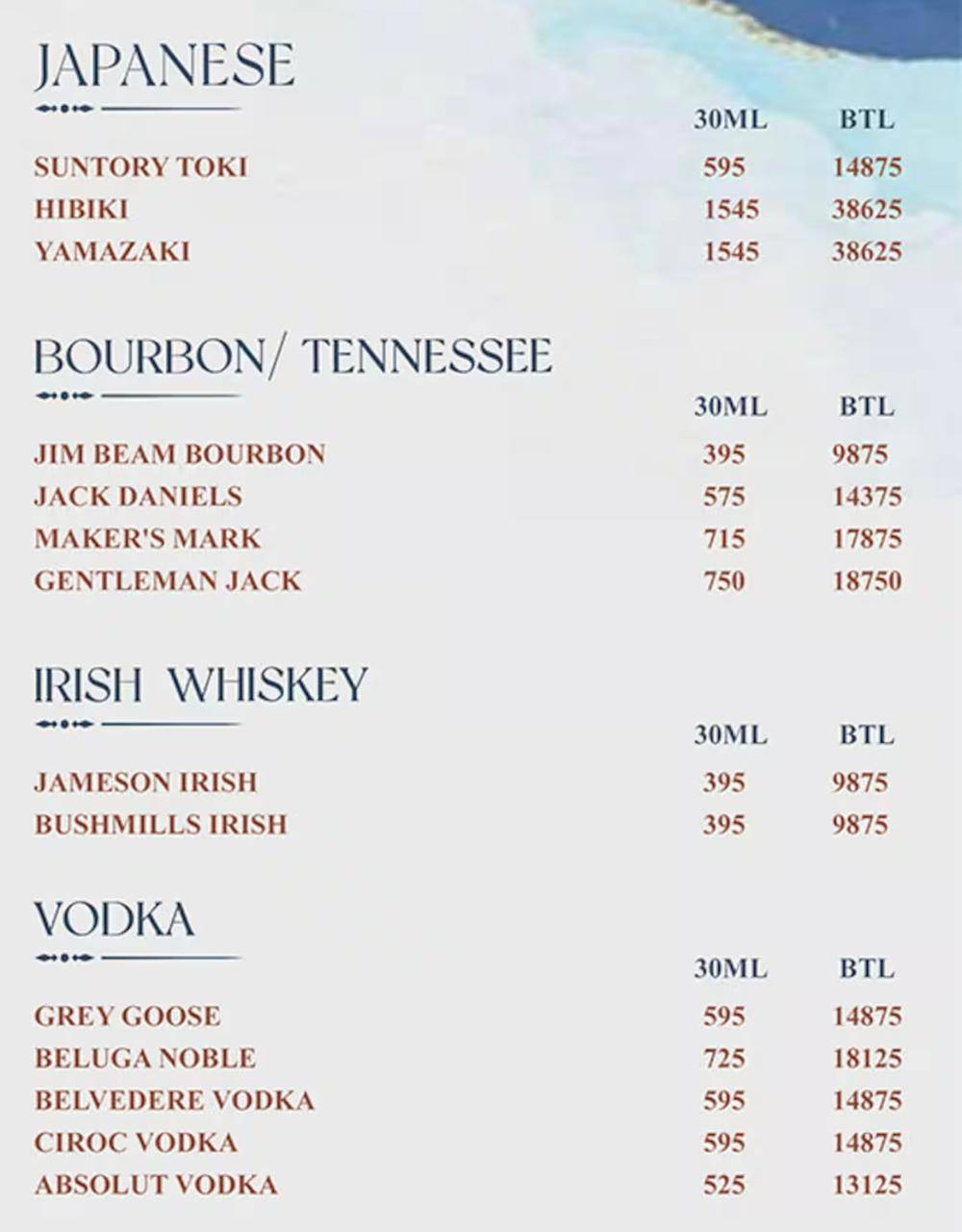 DIAZ Pool Club & Bar , Goa menu