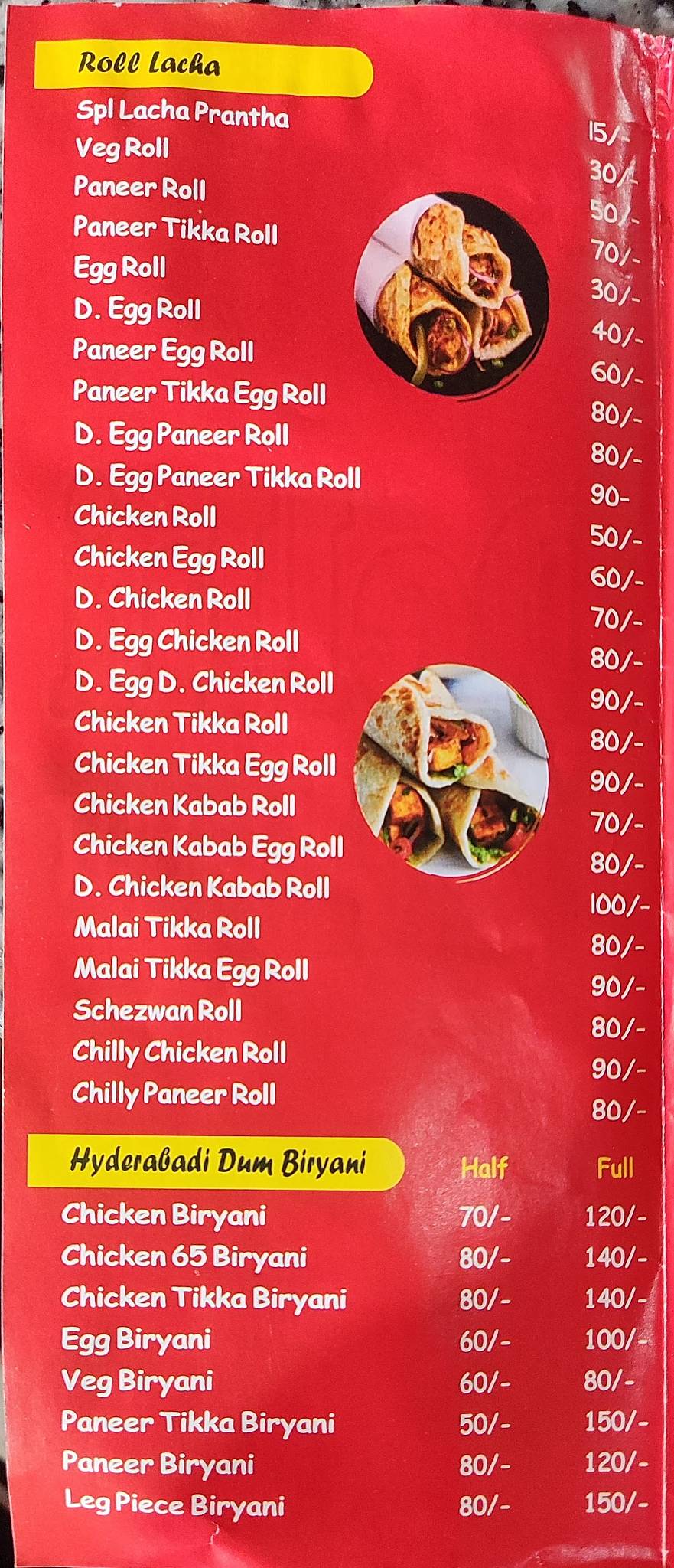 Delhi Spice Roll Hut menu