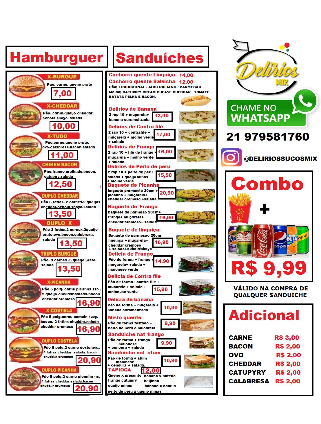 Delírios sucos mix cardápio