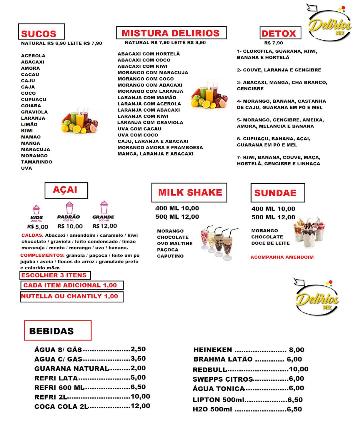 Delírios sucos mix cardápio