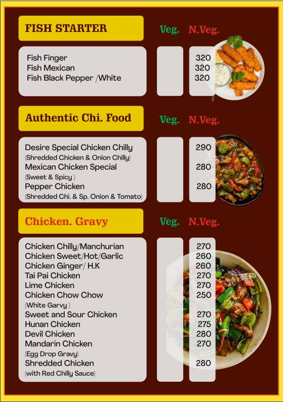 Desire Chinese Chinese Restaurant in Thane Thai Cuisine Restaurant Tandoor Biryani in Thane menu