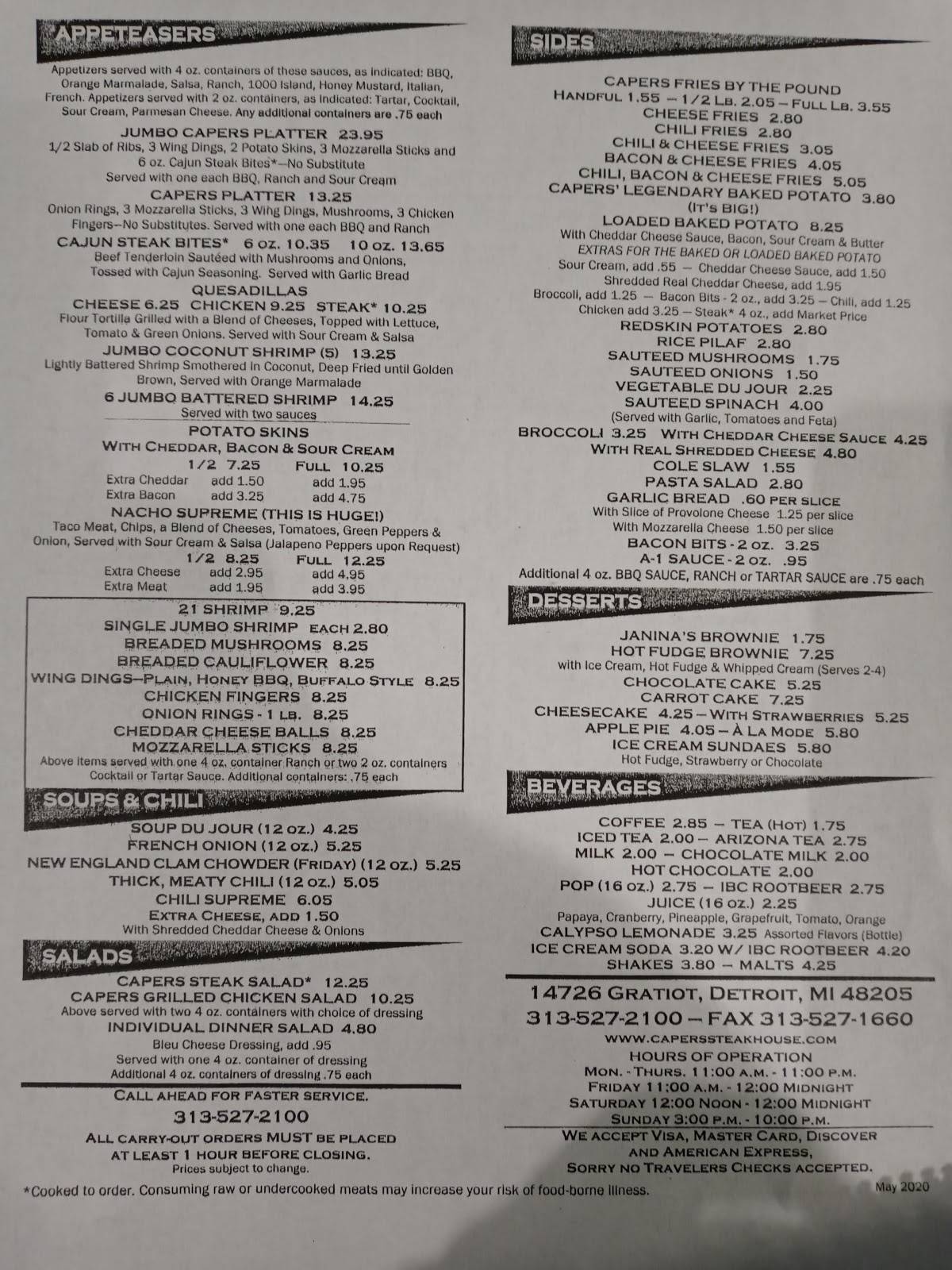 Menu at Capers steakhouse, Detroit