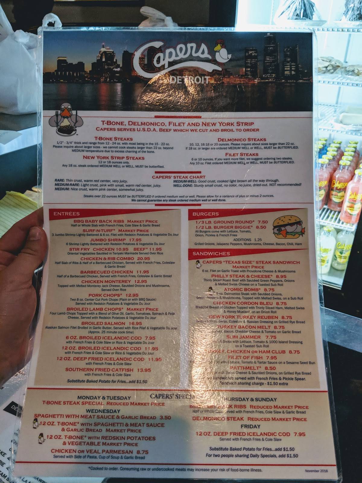 Menu at Capers steakhouse, Detroit