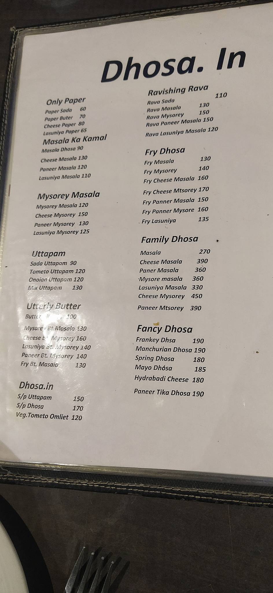Dhosa menu