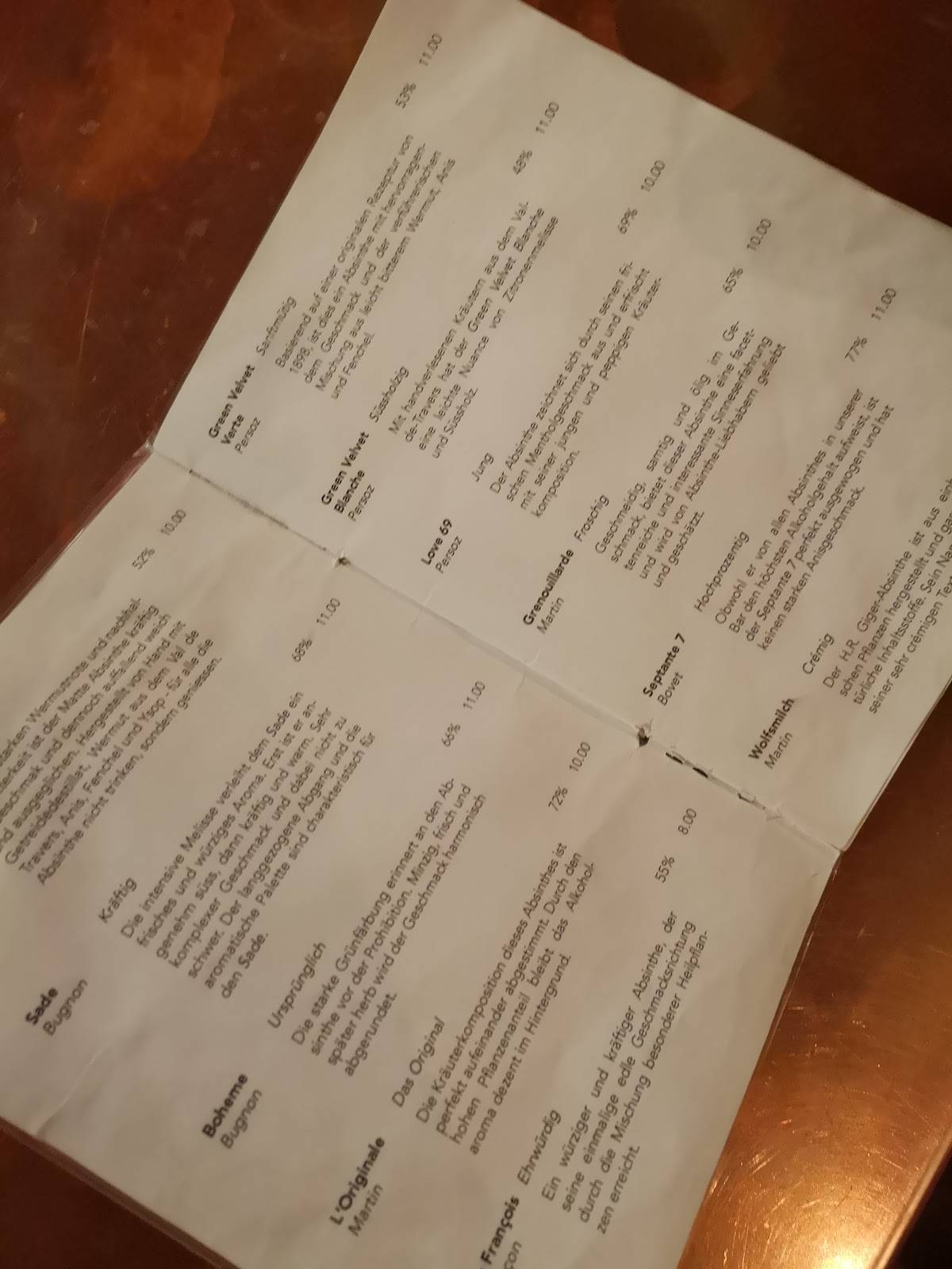 Menu di Absinthe Bar Die grüne Fee 