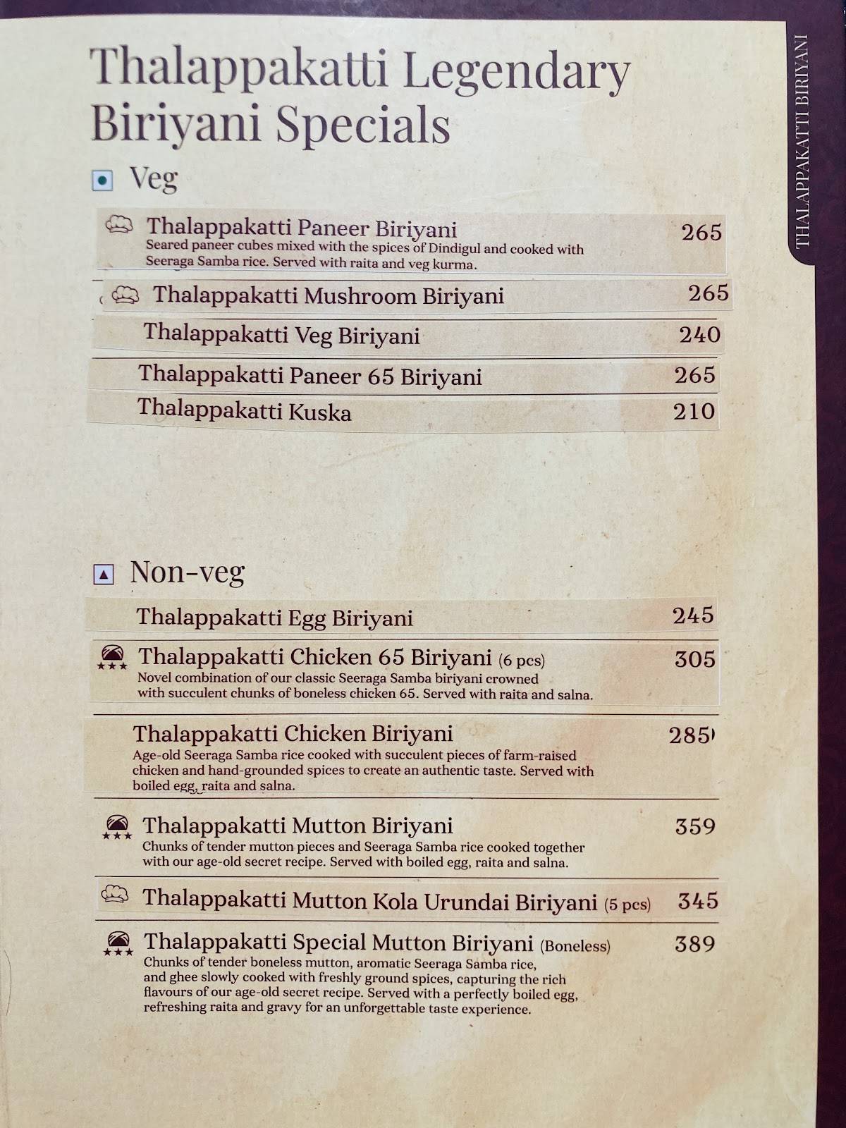 Dindigul Thalappakatti Restaurant menu