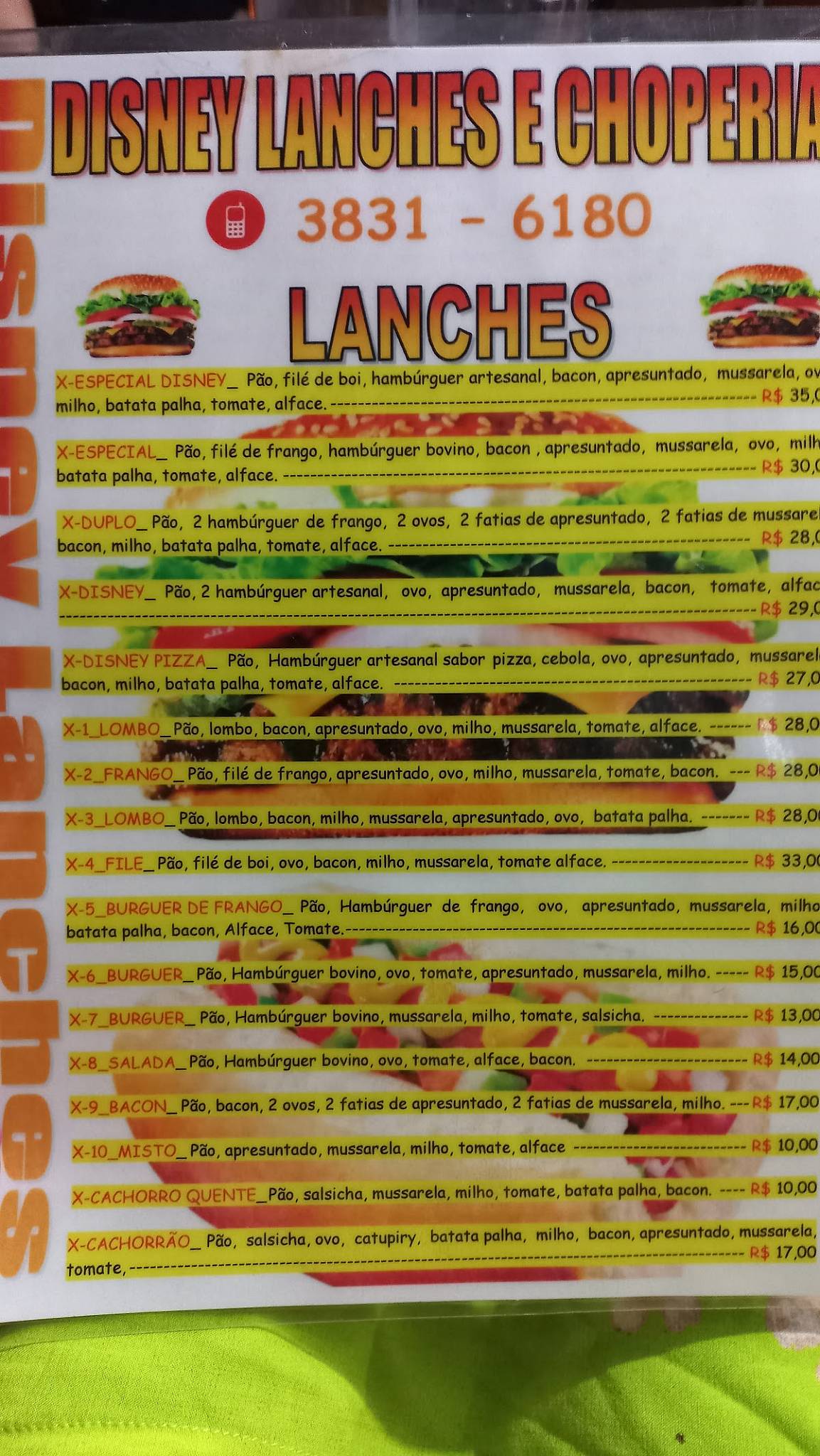 Disney Lanches cardápio