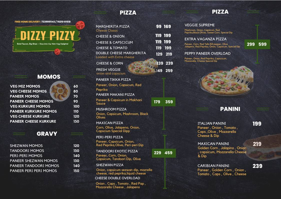 Dizzy Pizzy menu