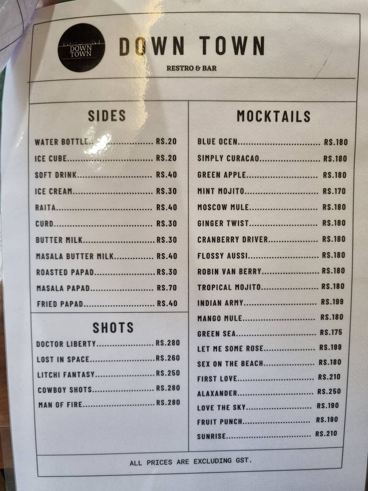 Down town menu