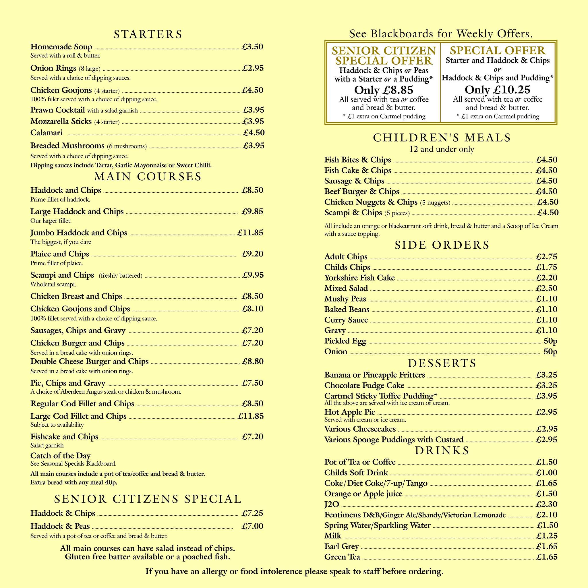 Menu at Drake's cafe, Knaresborough