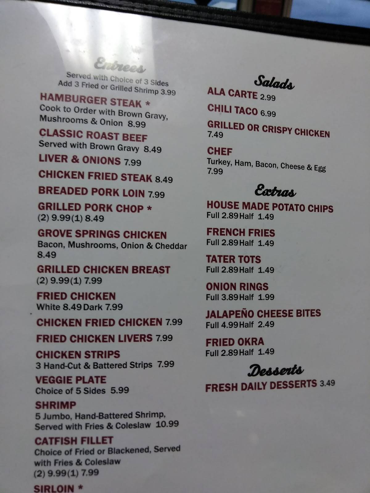 Menu at Drake's Restaurant, Grove
