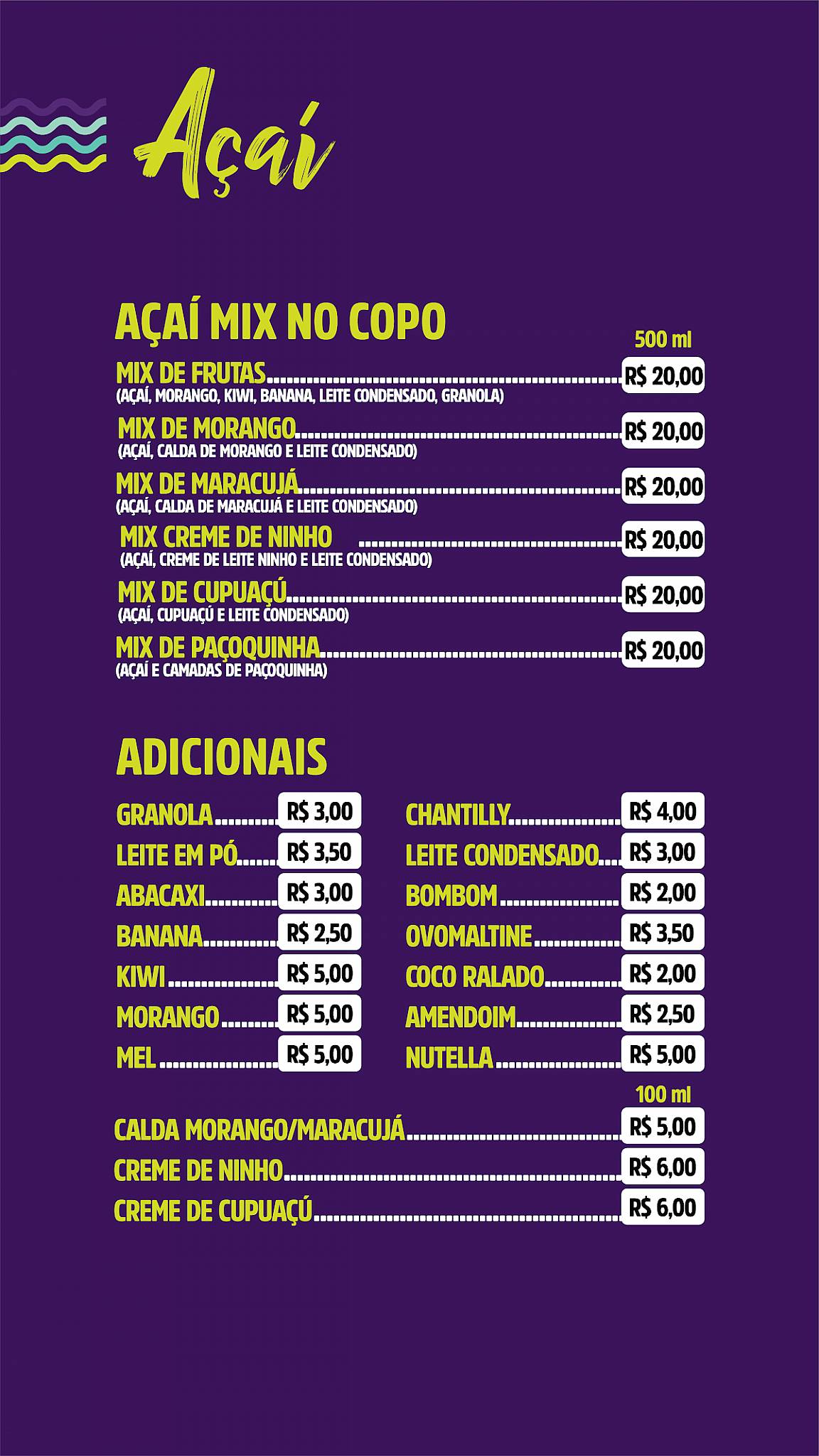 Duda Açaí cardápio