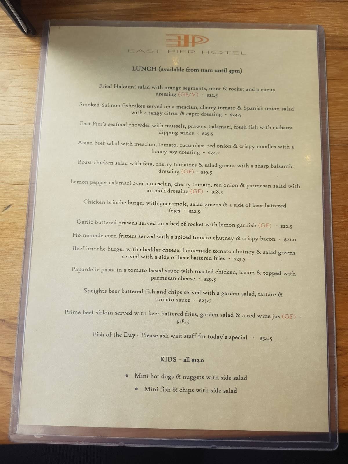 Menu at East Pier Hotel restaurant, Napier