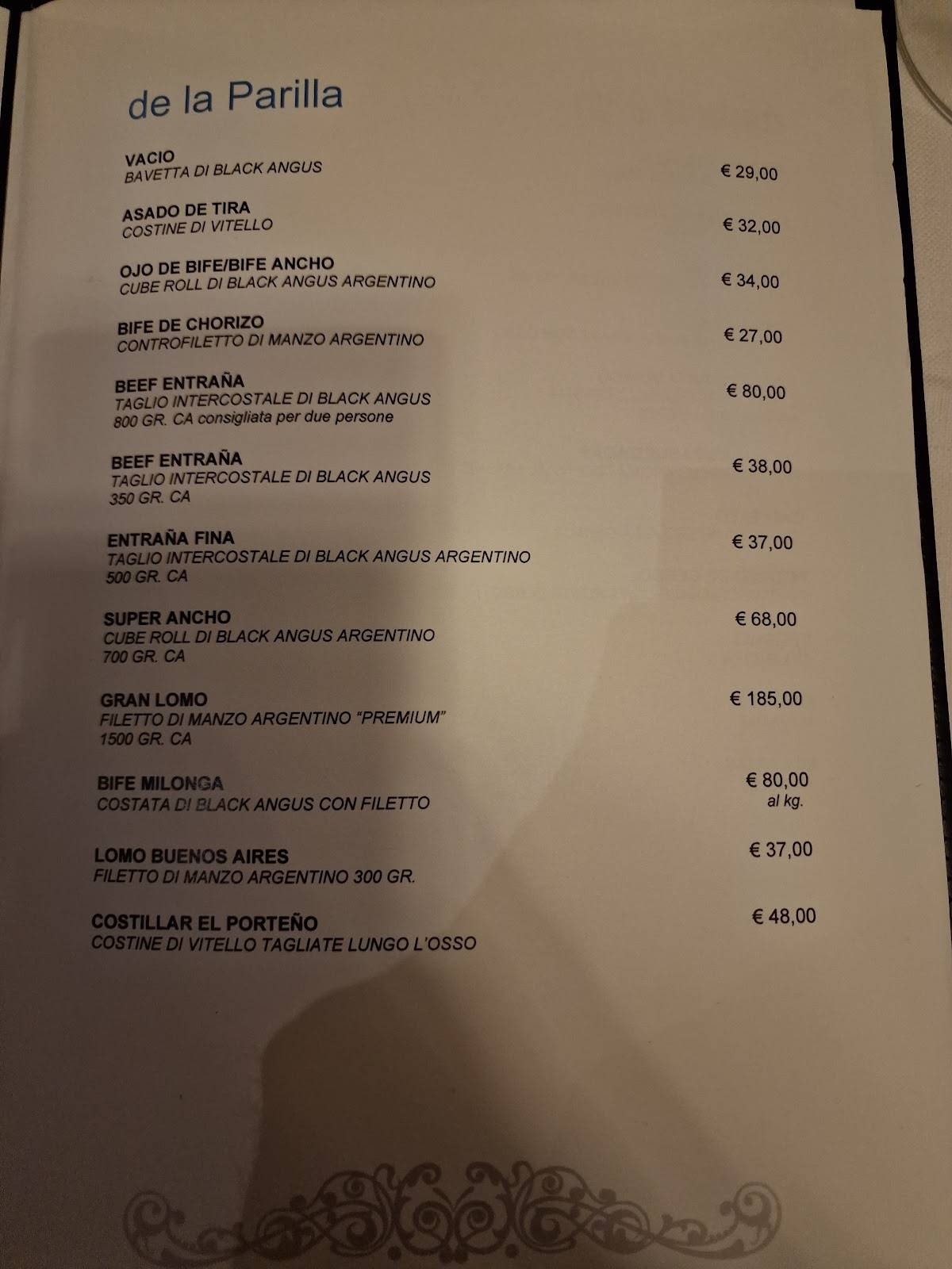 Menu di El Porteño Roma 