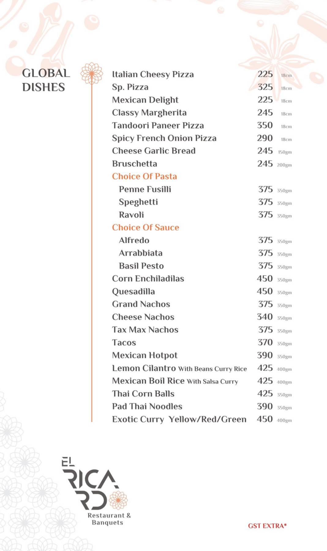 Elricardo Restaurant & Banquet menu