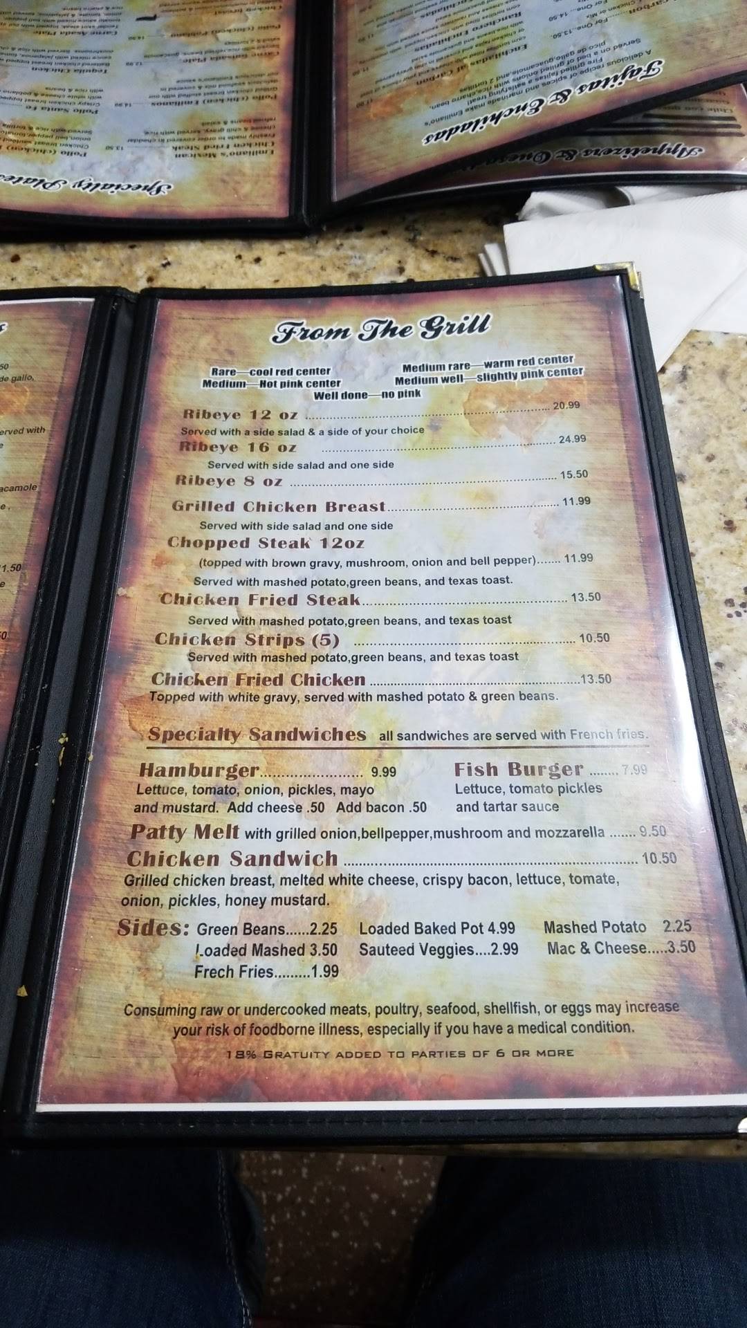 Menu at Emilianos Mexican Grill restaurant, Yoakum