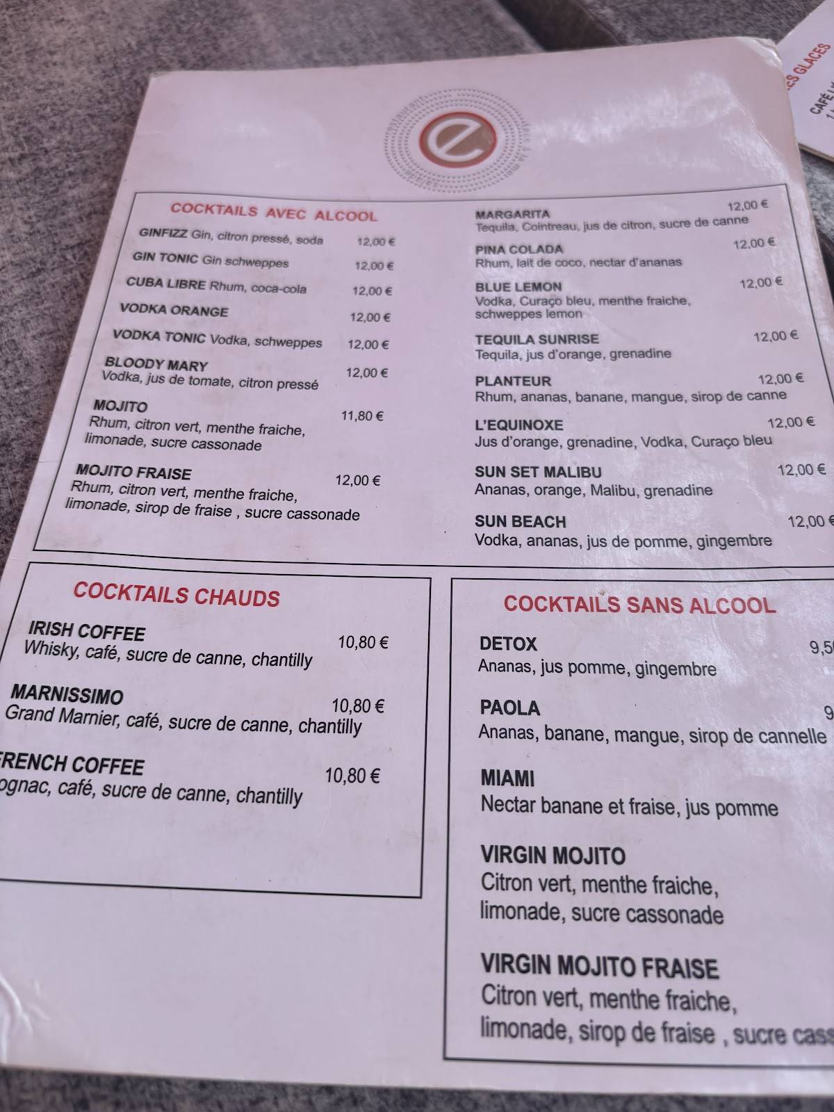 Menu de Restaurant Equinoxe La Rochelle