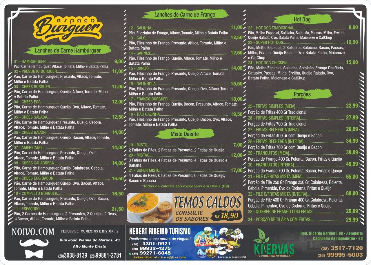Espaço Burguer cardápio