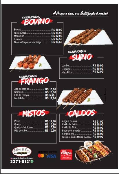 Espetinho Mimi e Cia cardápio