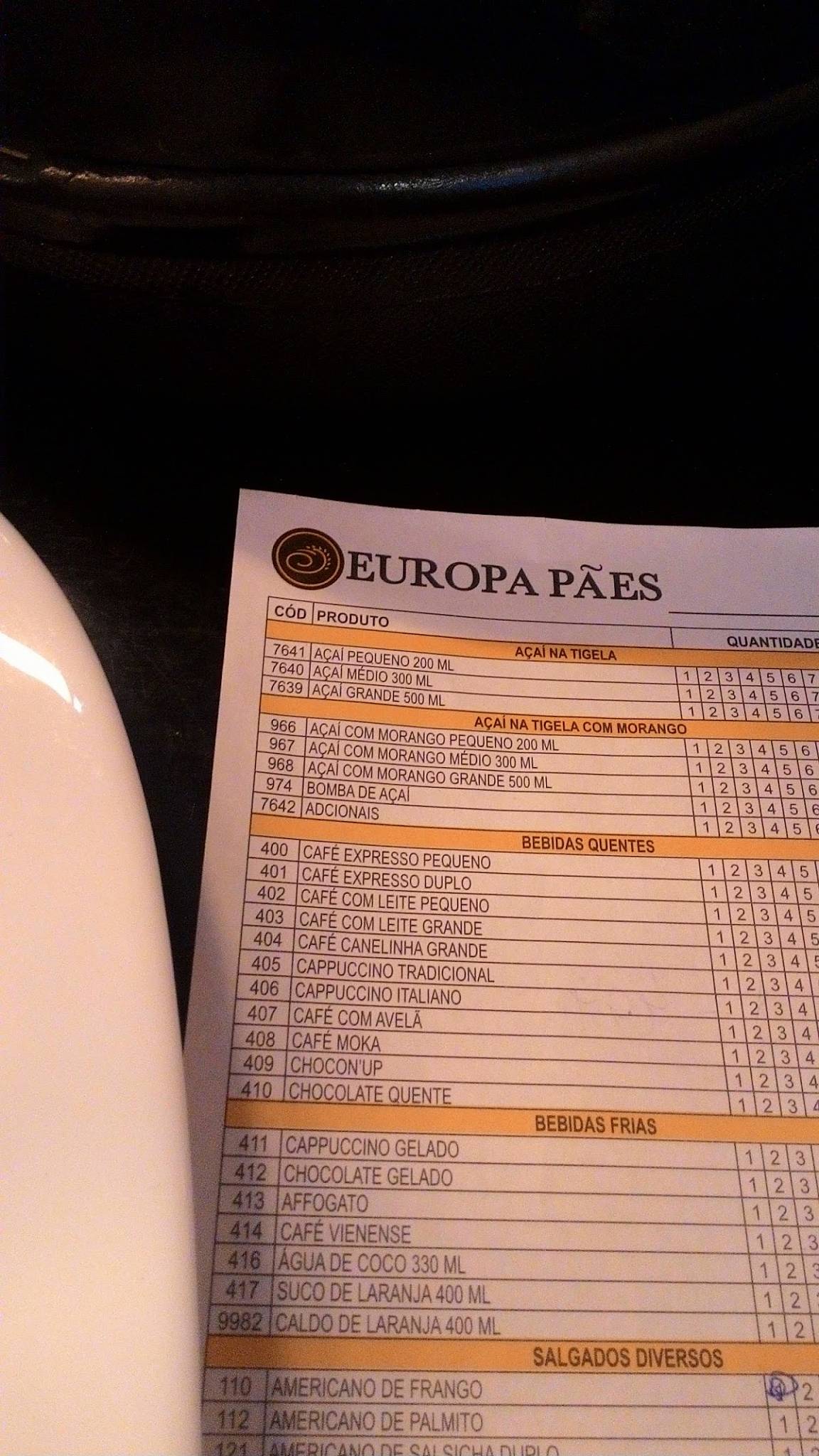 Europa Pães cardápio
