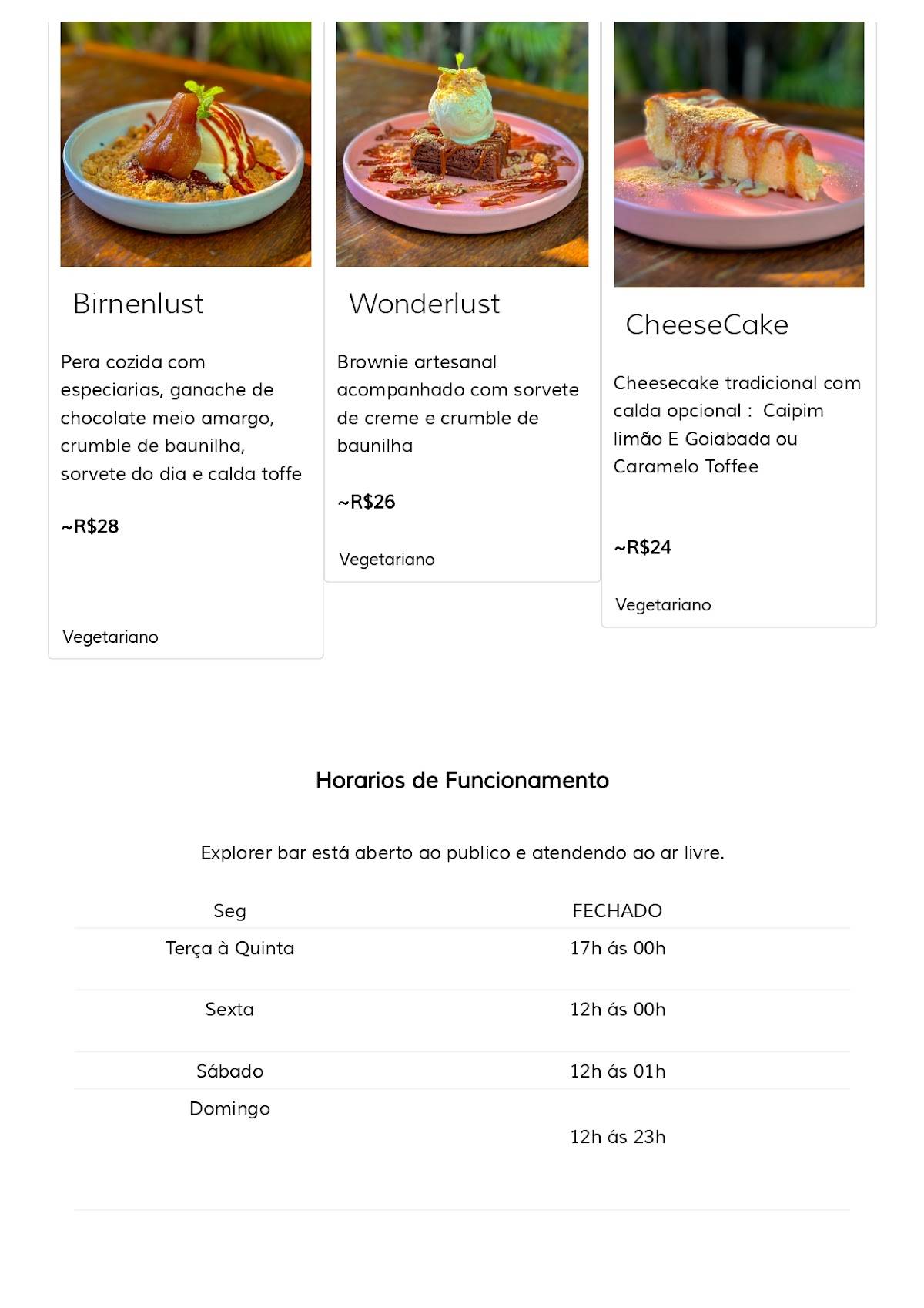 Explorer Bar cardápio
